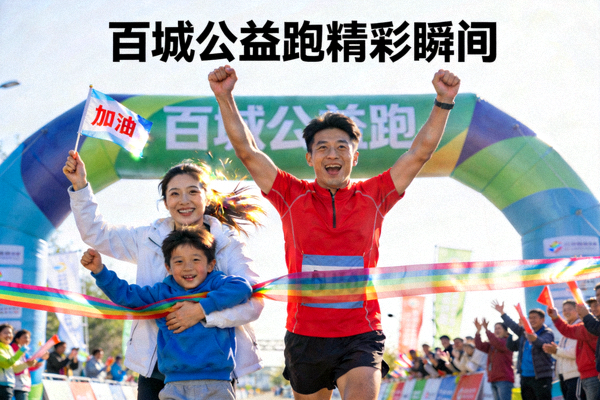公益跑参与者冲过终点线，与家人庆祝 - 百城公益跑精彩瞬间