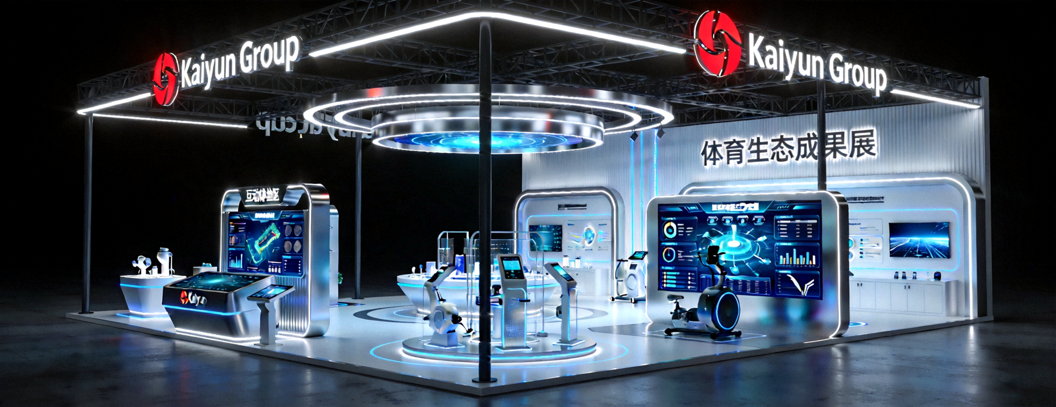国际体育博览会Kaiyun集团展台全景 - 现代科技感设计，展示体育生态成果