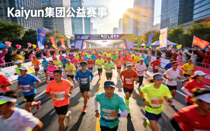 Kaiyun集团公益赛事活动现场 - 成千上万的参与者在城市街道上奔跑，形成一道彩色的洪流，背景是高楼大厦