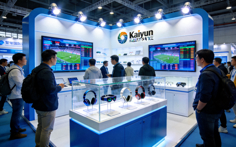 Kaiyun集团在国际体育博览会上的展台 - 展台设计现代，展示了智能穿戴设备、赛事数据大屏等产品，吸引众多参观者驻足