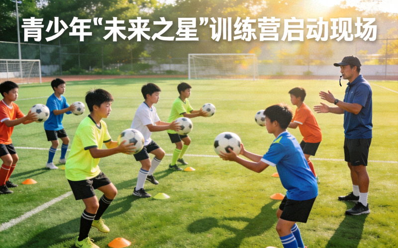 青少年‘未来之星’训练营启动现场 - 一群年轻运动员在专业的足球场上进行传球训练，教练在一旁指导，阳光明媚