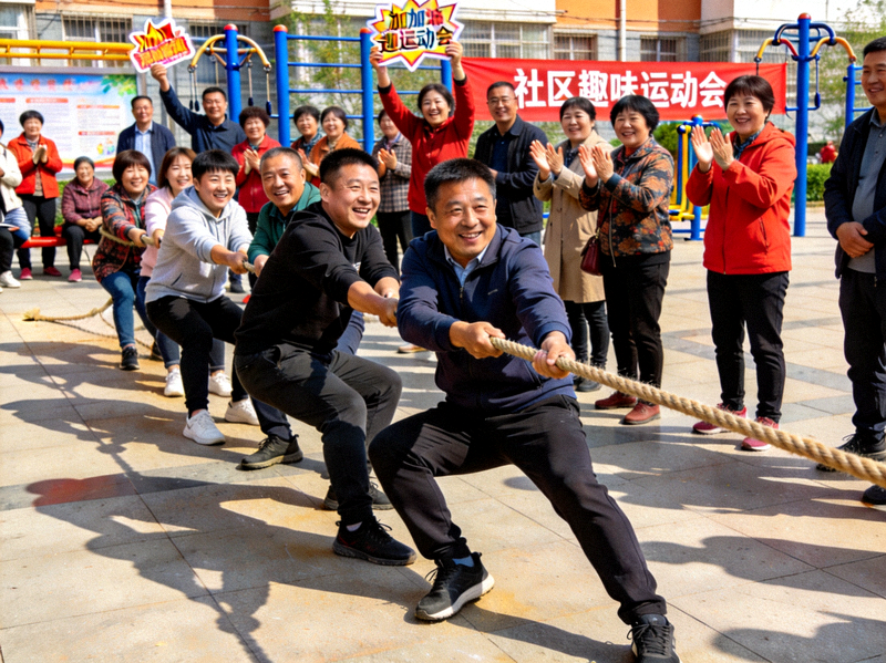 社区趣味运动会场景 - 社区居民正在参与拔河比赛，气氛热烈