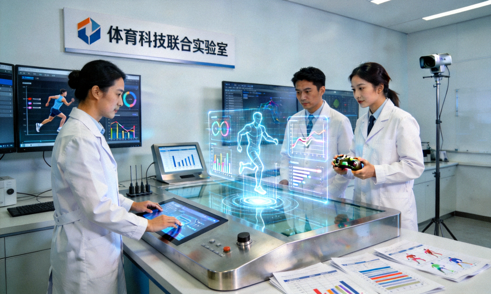 体育科技联合实验室内部场景 - 研究人员正在操作智能设备分析运动数据